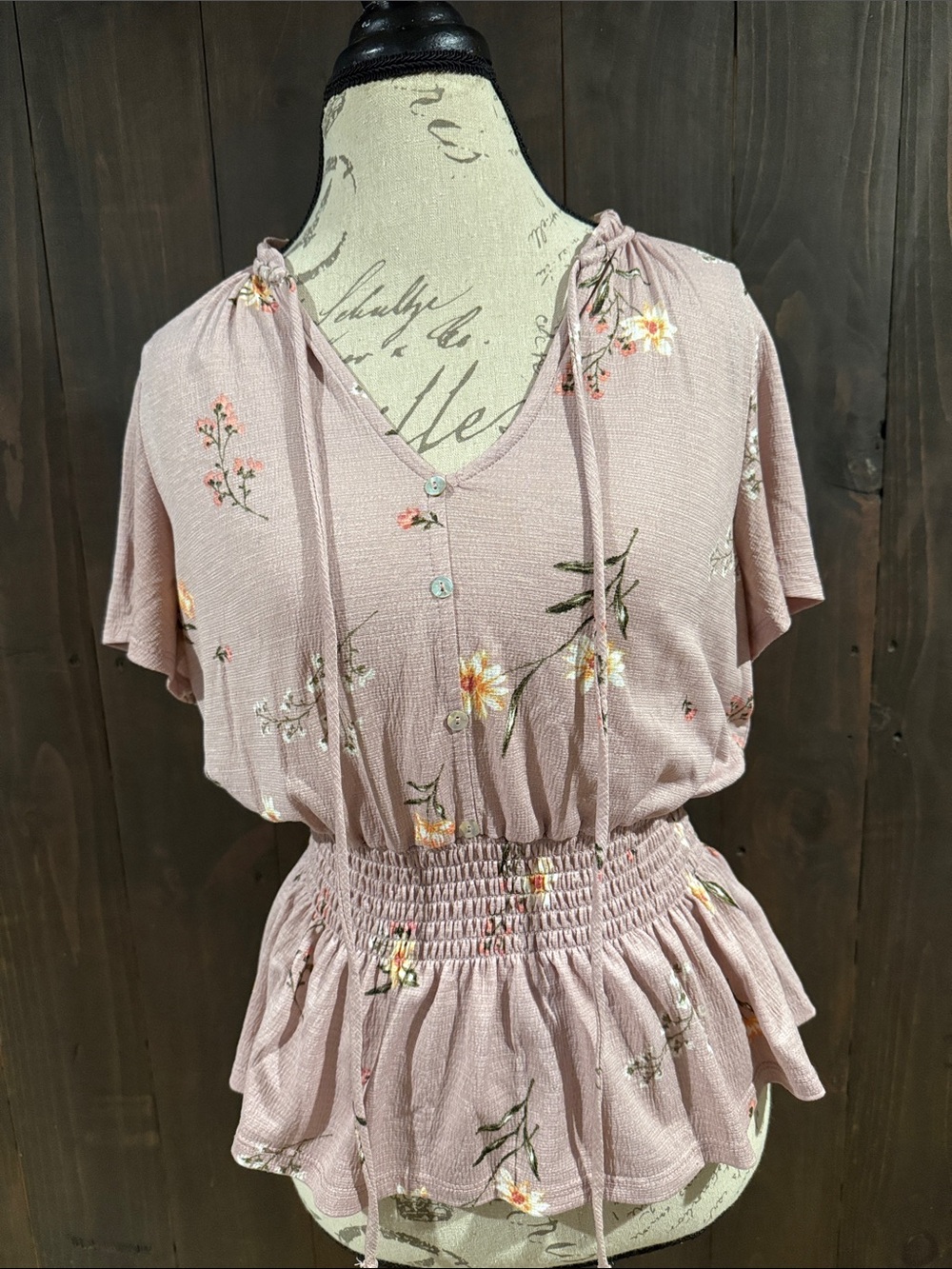 meraki Dusty Rose Floral Smocked Peplum Blouse